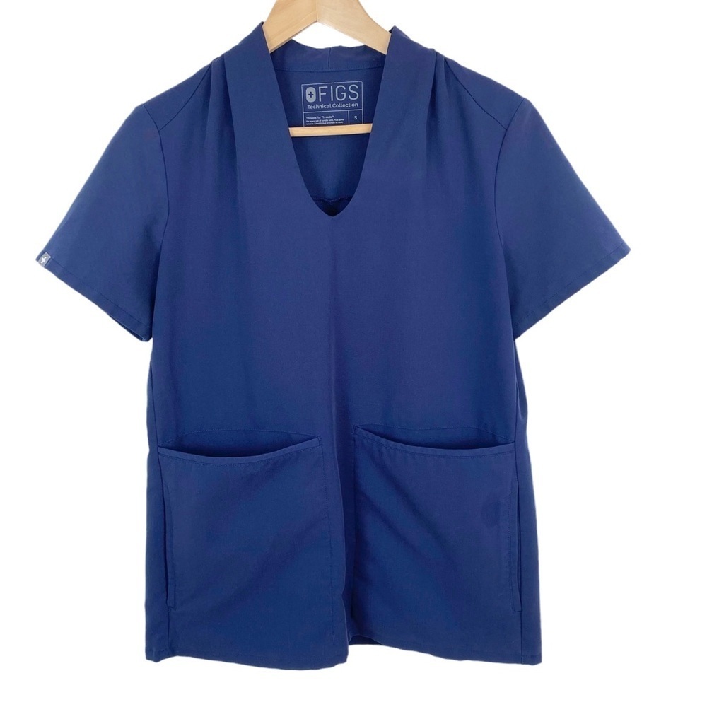 Figs Technical Scrub Size Small Top V-neck Blue 4 Pocket Nurse Vet Uniform Tec